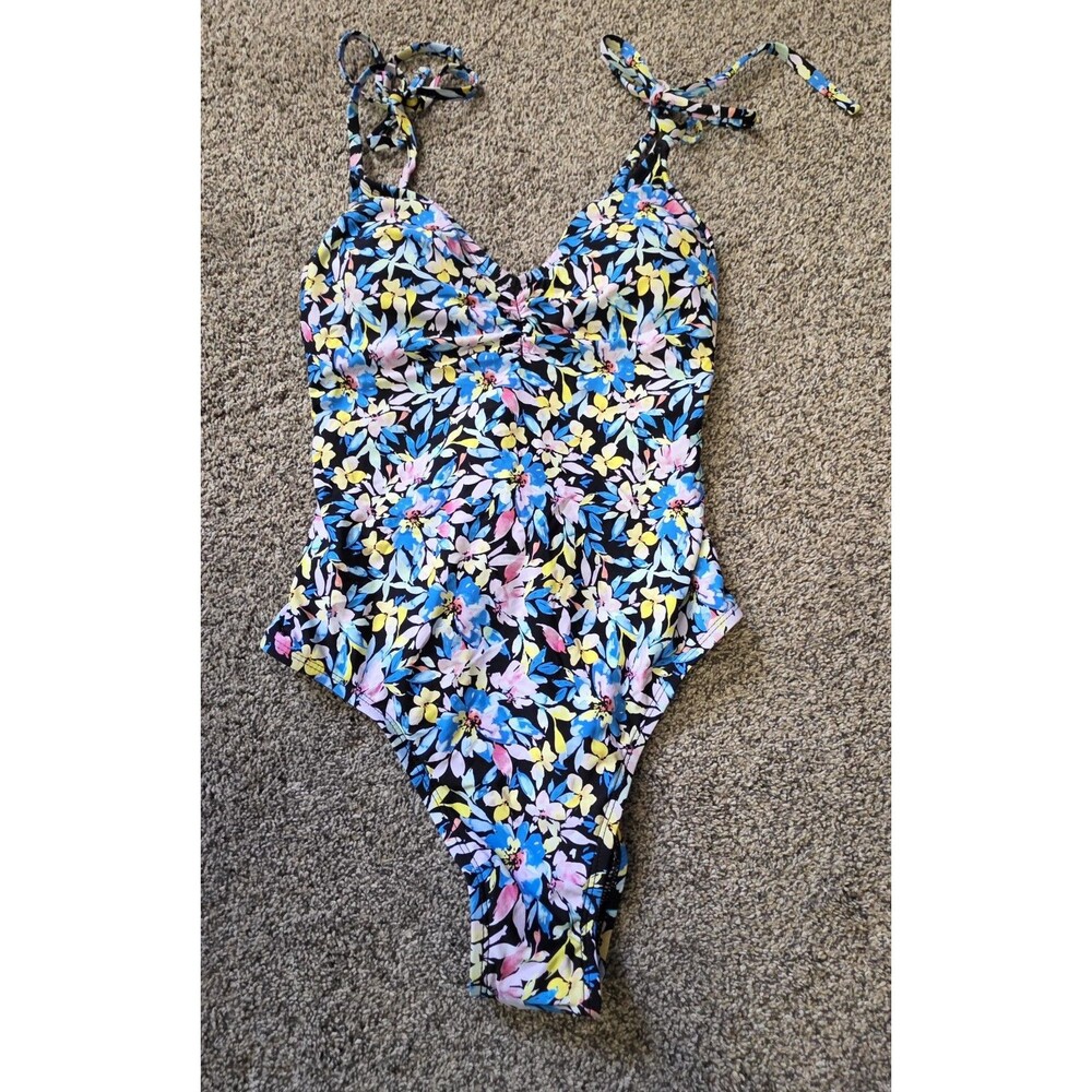 NWT Shade &Shore Medium One Piece Swimsuit Floral Print Tie Back V Neck Padded